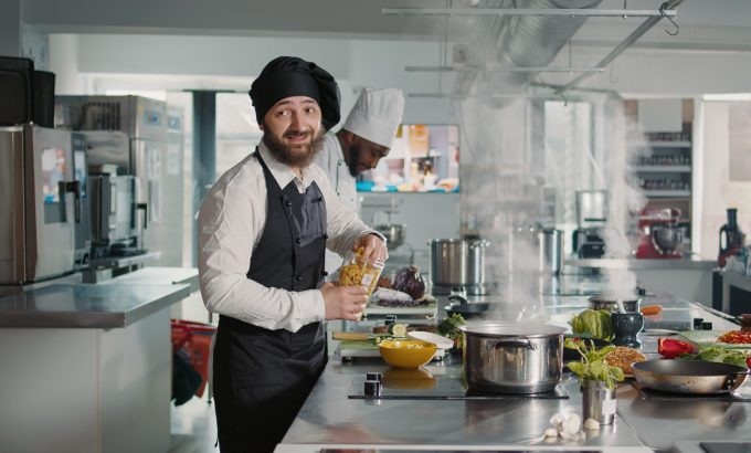 Authentic cook doing cooking show lesson on camera in kitchen, preparing gourmet meal with culinary recipe. Man recording dish preparations on camera for gastronomy television program.